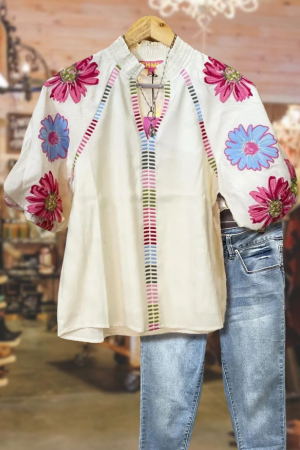 Colorful V-Neck Floral Print Puff Sleeve Top