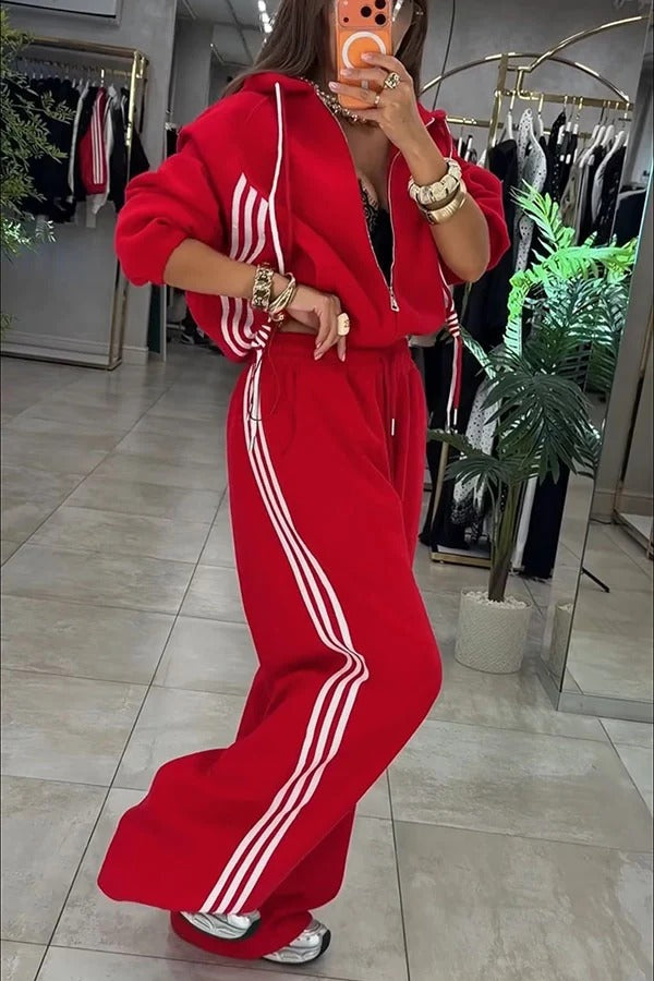 Fashionable Sporty Color-blocked Stripes Zip-up Hooded Sweatshirt and Elastic Waist Pocket Pants Set