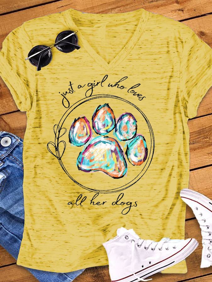 Women's Paws Just A Girl Who Loves All Her Dogs Print Snowflake Dot V-Neck T-Shirt