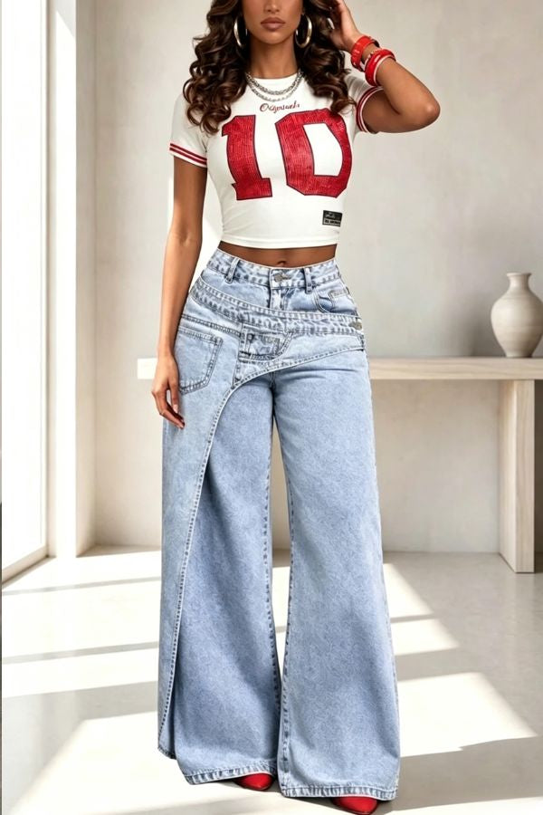 Sense of Design Denim Wrap Button Waist Pocketed Wide Leg Jeans