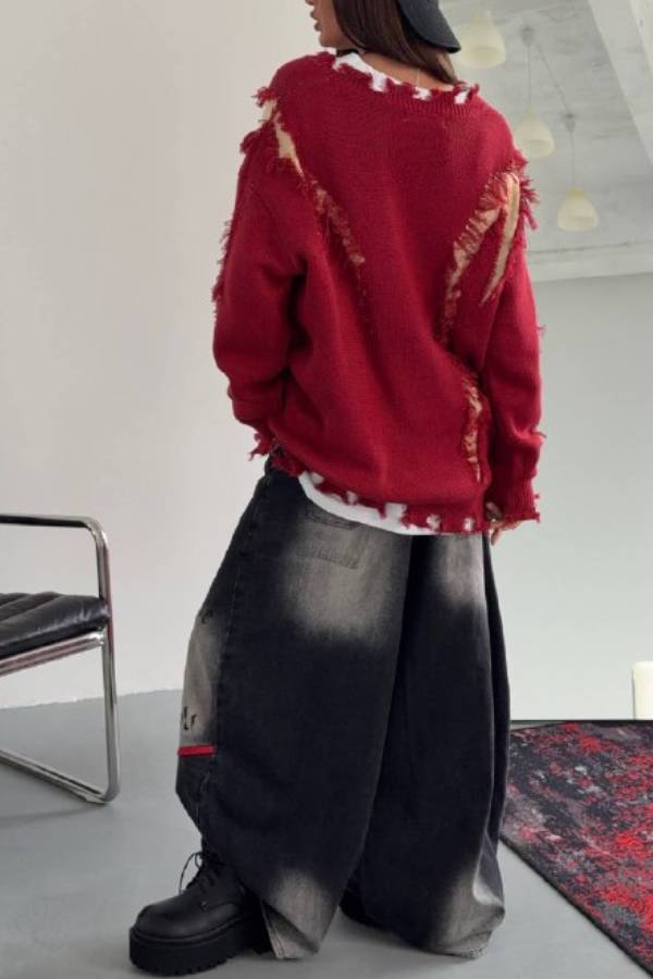 Distpatched Patch Sweater & Gradient Print Wide‑Leg Jeans Two‑Piece Set