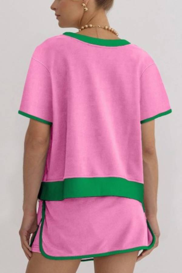 Ensemble 2 pièces t-shirt et jupe-short à épaules tombantes et bordures colorblock pour femme