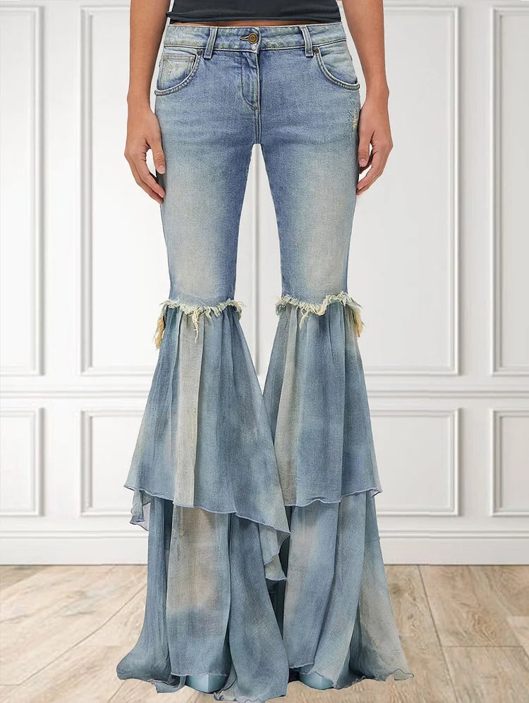 Fashion Light Washed Tassel Flare Leg Spliced Layered Ruffle Pants