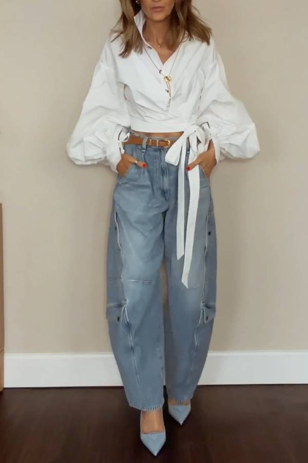 Light Blue Multi‑Pocket Cargo Wide‑Leg Jeans