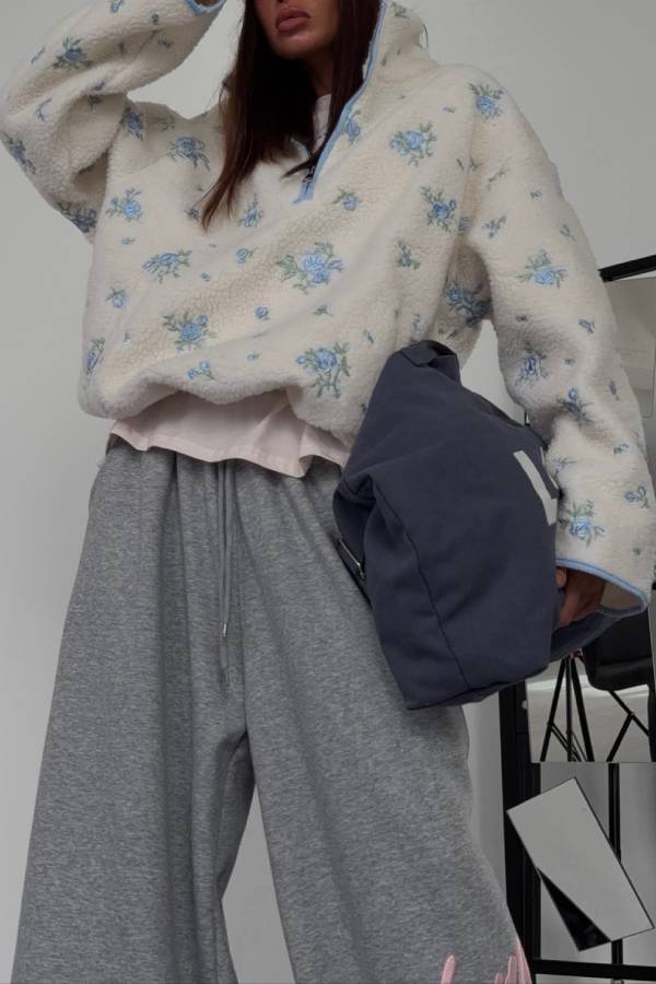 Blue Rose Floral Half Zip Sherpa Fleece Cropped Jacket