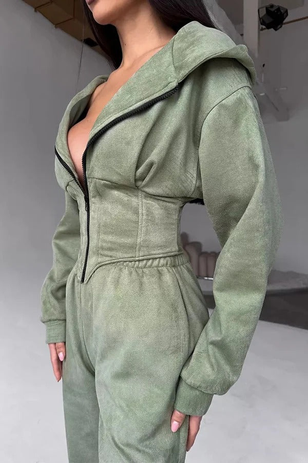 Solid Color Waist Corset Hooded Sweatshirt Jacket and Elastic Waist Athletic Jogger Pants Set