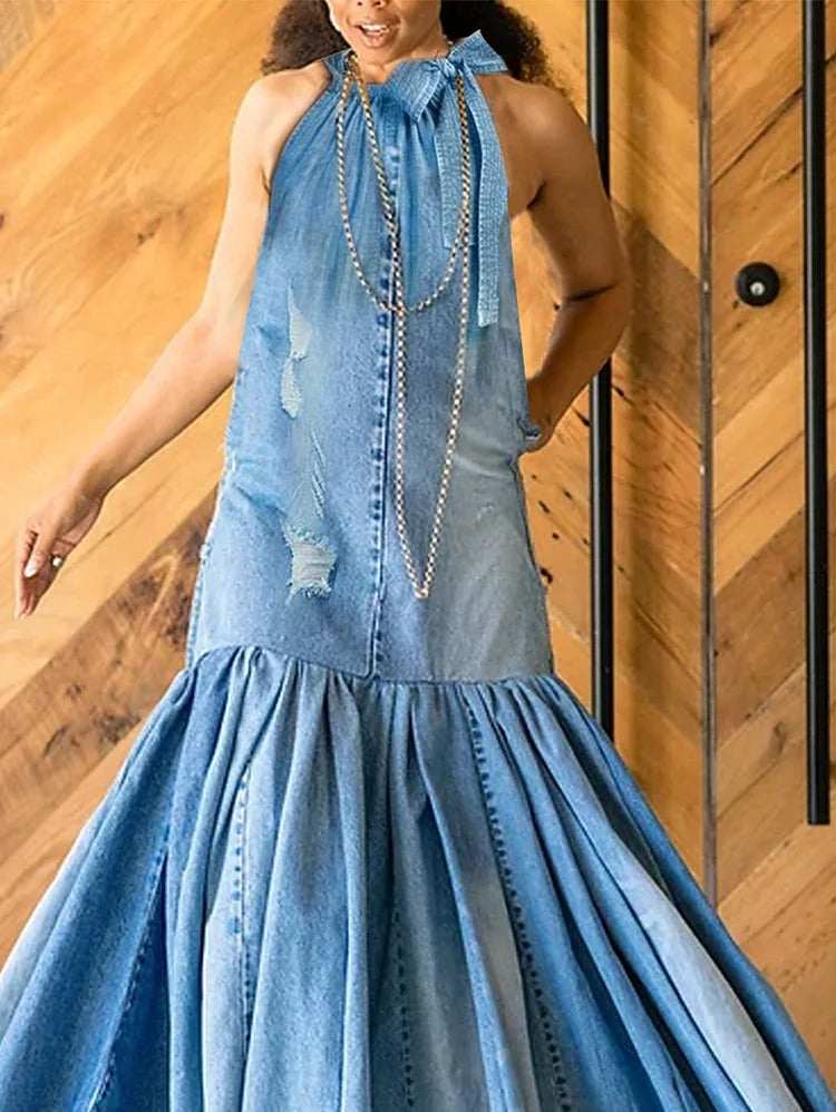 UR Fashion Ripped Denim Spliced Pleated Bow Maxi Halter Dress