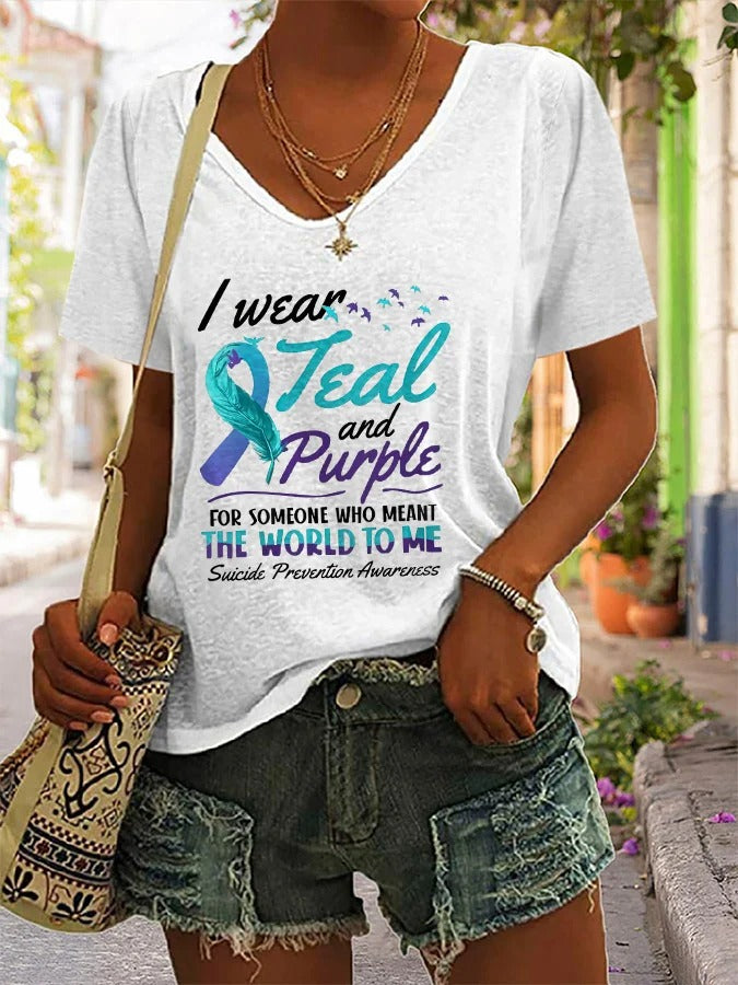 Women's V-Neck Suicide Prevention Awareness Print Casual T-Shirt