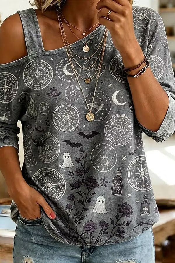 Cozy Fall Vibes Black Cat Print Off-Shoulder Halloween Top