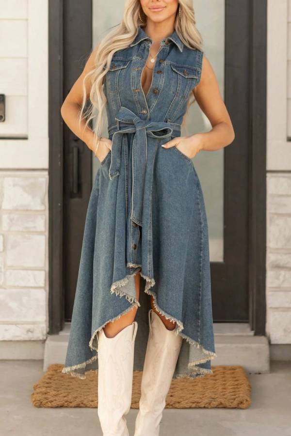 Sleeveless Collared Denim Belted Waist Irregular Raw Hem Midi Dress