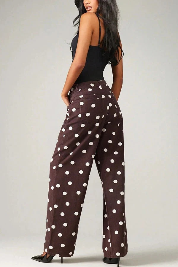 Retro Style Polka Dot Print High Waist Pocketed Wide Leg High Waisted Jeans