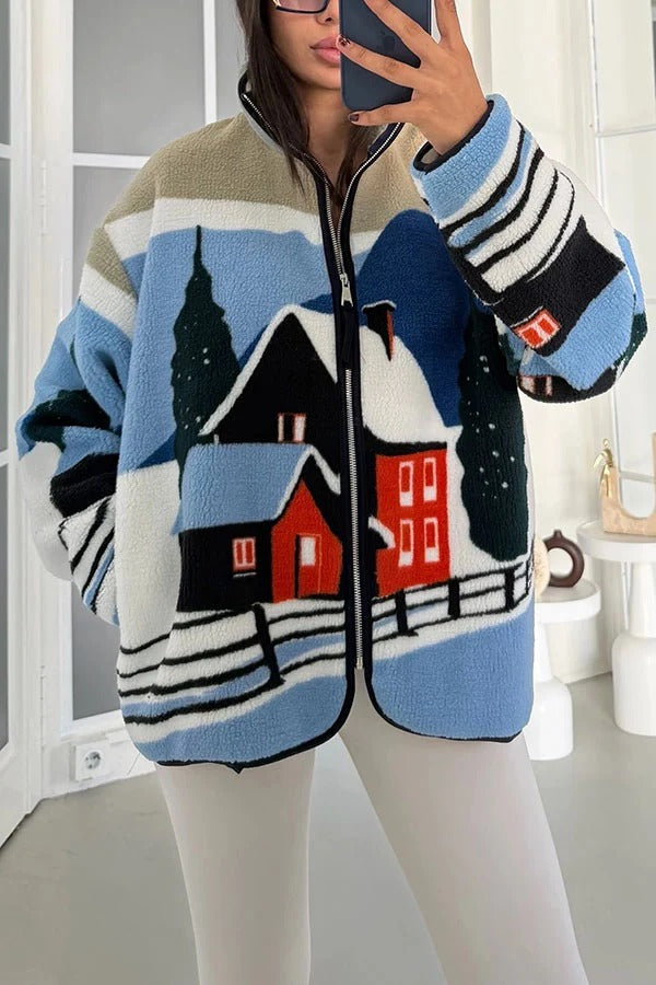 Snow Village Fleece Unique Print Zipper High Neck Long Sleeve Pocket Coat