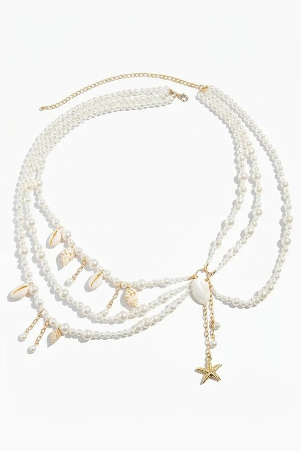 Beaded Waist Chain with Conch and Seashell Pendants