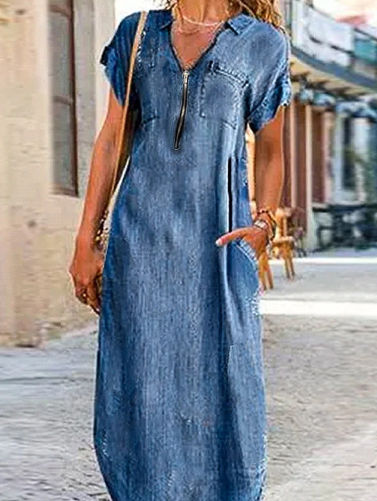 Casual Plain V Neck Zipper Short Sleeve Denim Maxi Dress