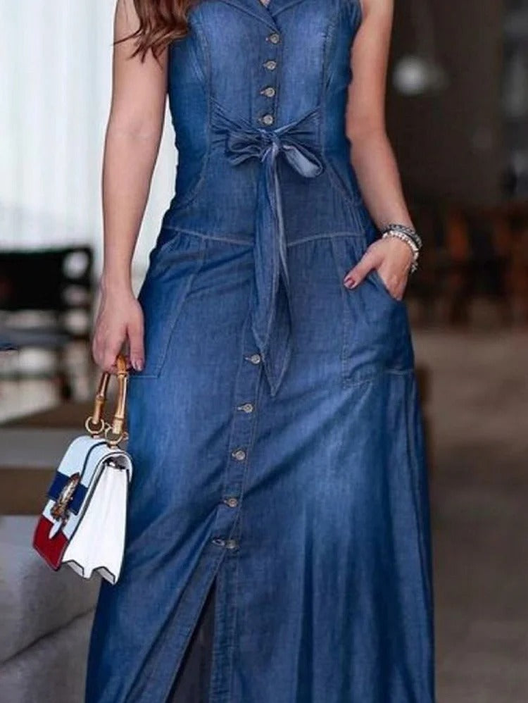 Fashion Plain Lapel Collar Light Washed Denim Bow Tank Dress