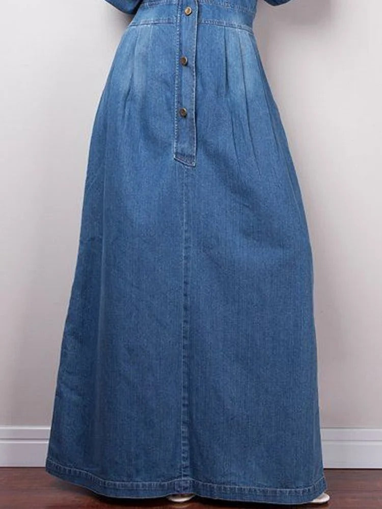 Casual Washed Denim Button Lapel Collar Maxi Dress