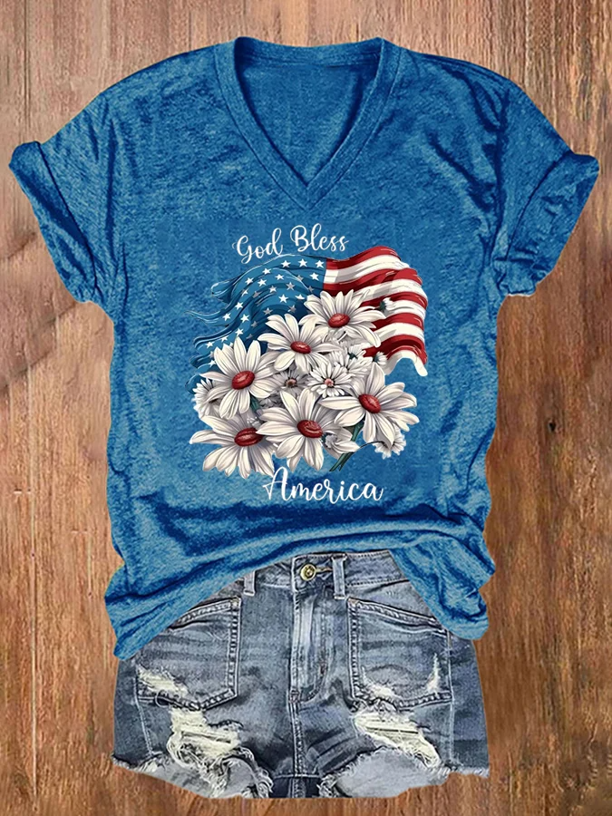 Women's American Flag Independence Day Print V-Neck T-Shirt