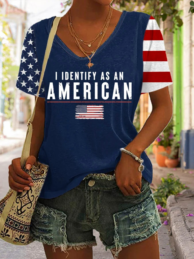 Women's I Identify As An American Print V Neck T-shirt