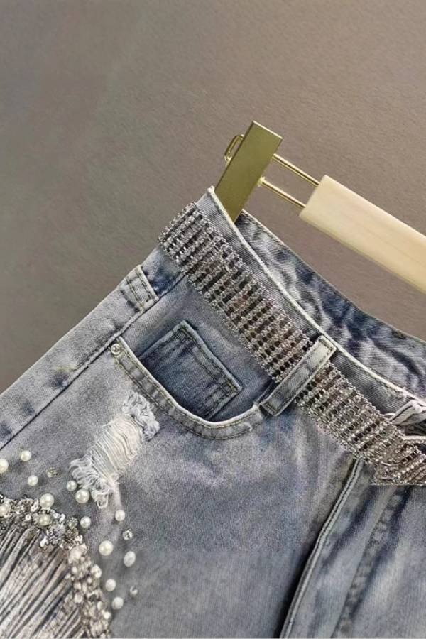 Rhinestone Waistband Pearl Sequin Fringe Distressed Denim Hot Pants High Waist Y2K Shorts