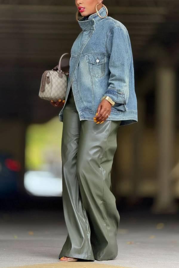 Asymmetric Button Stand Collar Loose Denim Jacket