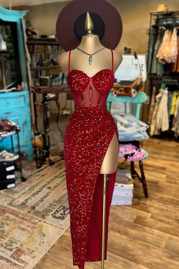 Shiny Strapless Slit Sequined Dress