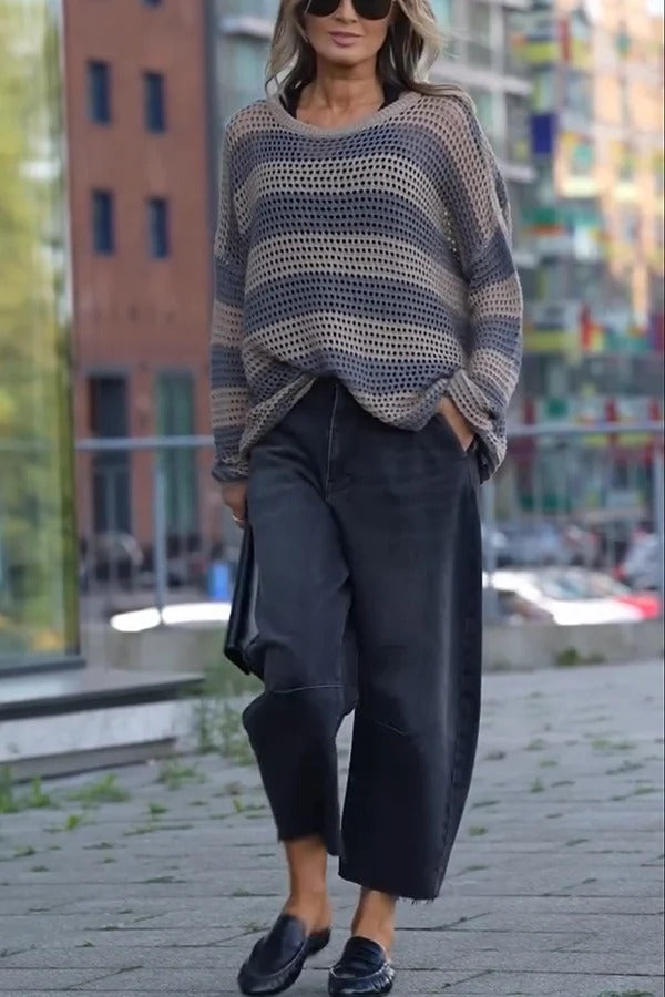Stylish Knit Color-blocked Stripes Cutout Wide Neck Long Sleeve Relaxed Sweater