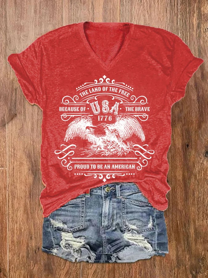 Women's Land Of The Free Because Of The Brave Print Casual V-Neck Tee