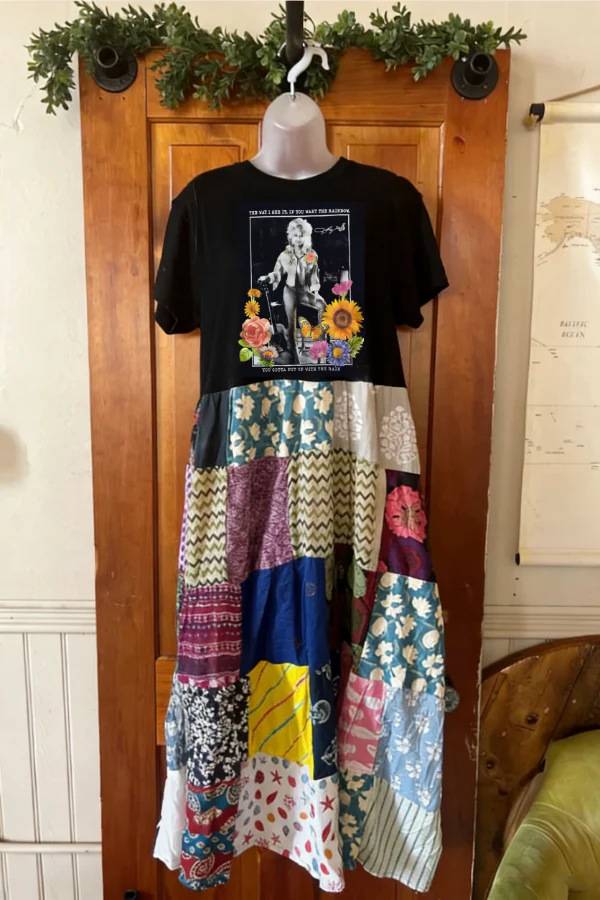 Boho Floral Music Graphic Patchwork Dress