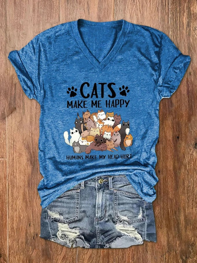 Women's Cats Make Me Happy Humans Make My Head Hurt Print V-Neck T-Shirt