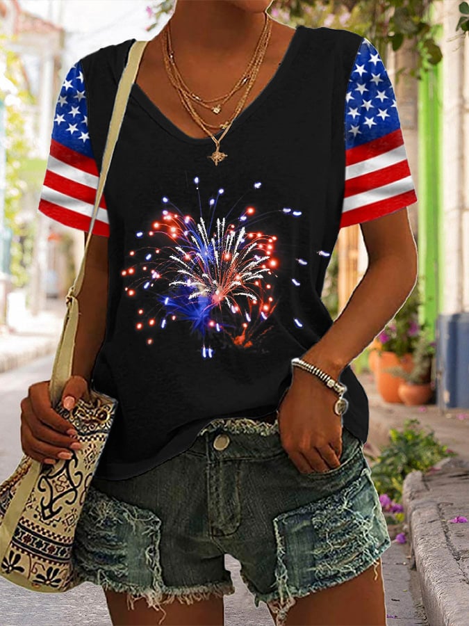 Women's V-Neck Flag Fireworks Independence Day Print T-Shirt
