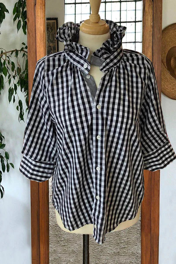 Unique Check Ruffle Button Down Blouse