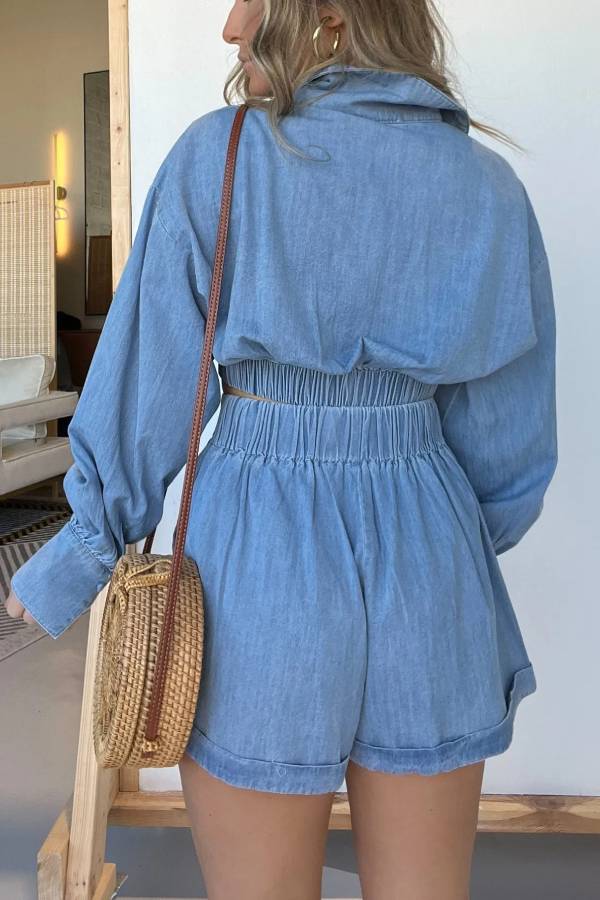Long Sleeves Crop Shirt and Shorts Denim Set