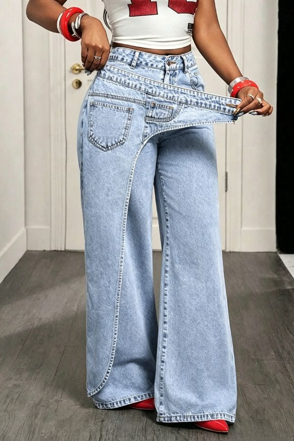 Sense of Design Denim Wrap Button Waist Pocketed Wide Leg Jeans