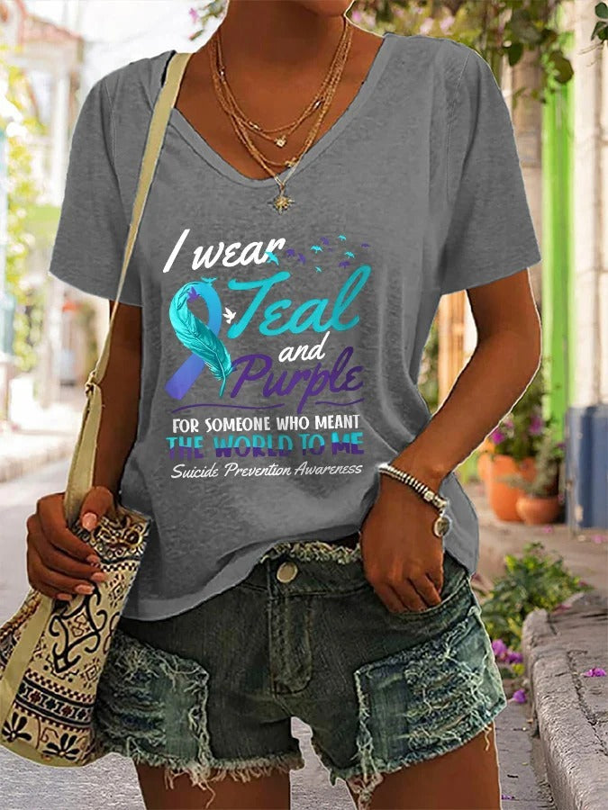 Women's V-Neck Suicide Prevention Awareness Print Casual T-Shirt