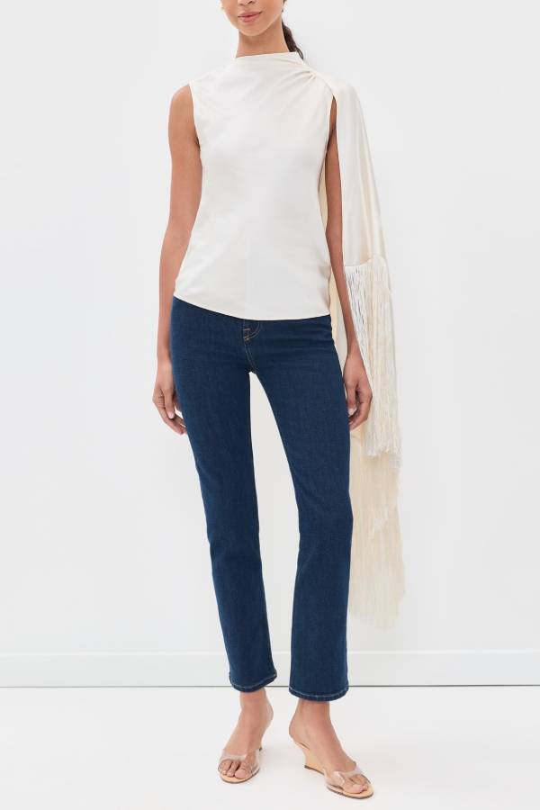 Cecilia Satin High Neck Irregular Draped Tassel Sleeveless Scarf Top