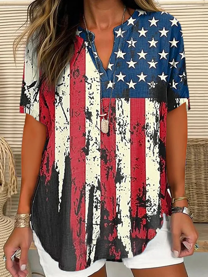 Women's Independence Day Vintage America Flag Print Casual Short Sleeve Shirt