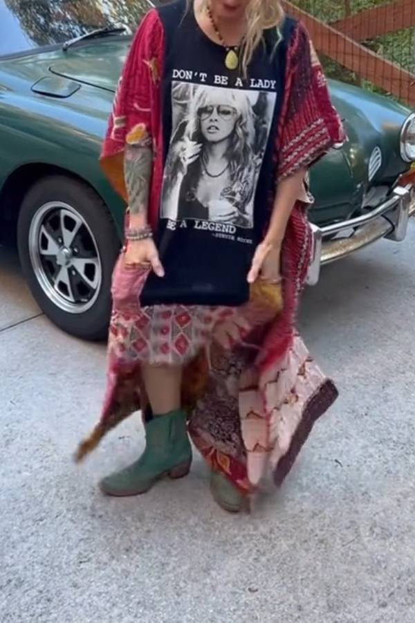 Stevie Nicks Kantha Quilt Long Batwing Sleeve T‑Shirt Tunic