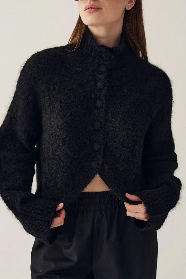 Martina Solid Color Knit High Neck Button Long Sleeve Wave Hem Crop Cardigan