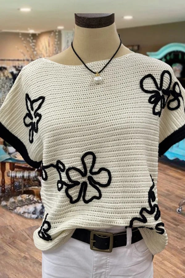 Flower Embroidered Knit Top