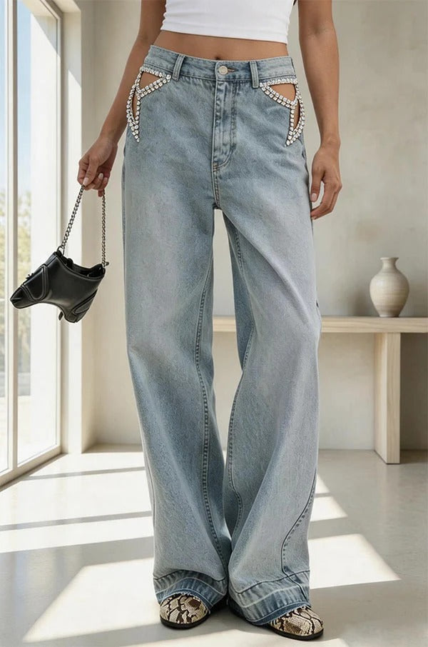 Denim Side Waist Rhinestone Embellished Star Cutout Pocket Straight Leg Jeans