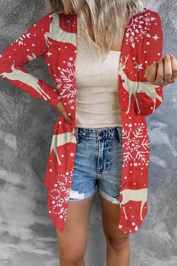 Women's Christmas Printing Fashion Button Long Sleeve Cardigan