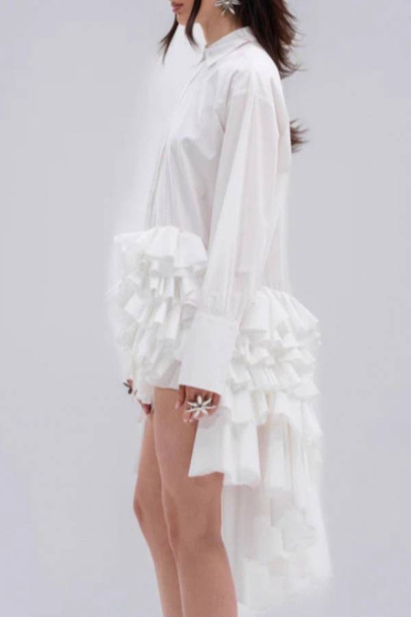 Deconstructed Asymmetrical Ruffle Shirt Dress High Low Oversized Long Sleeve Mini Gown