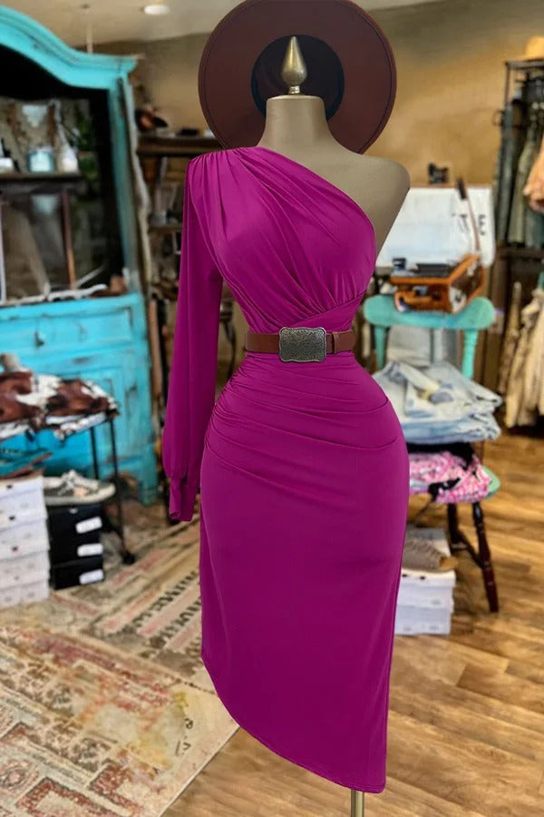 One Shoulder Asymmetrical Solid Color Dress