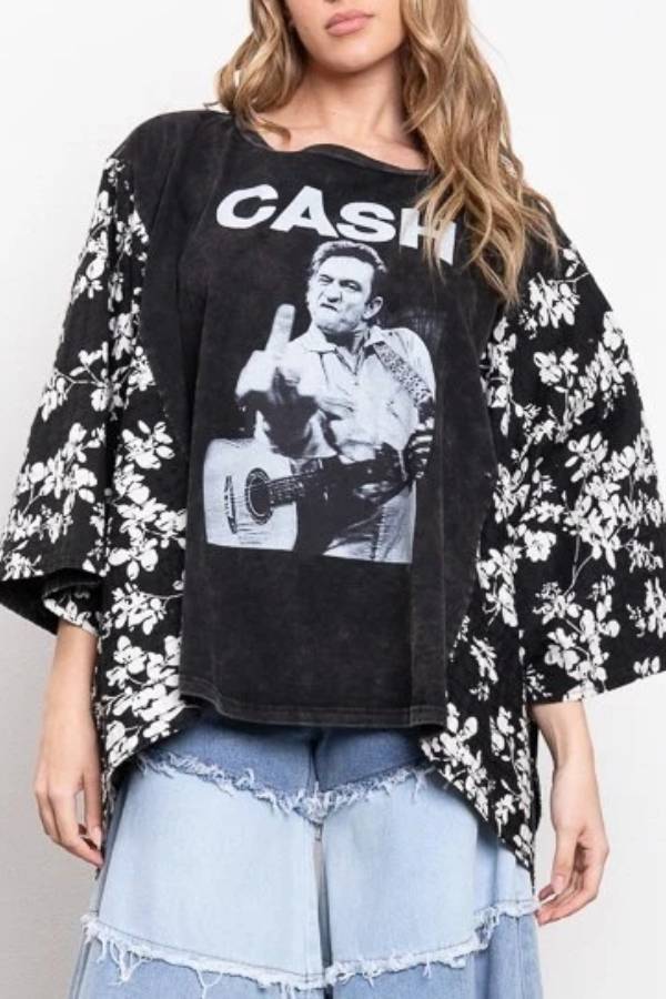 Johnny Cash Print Kantha Poncho Top