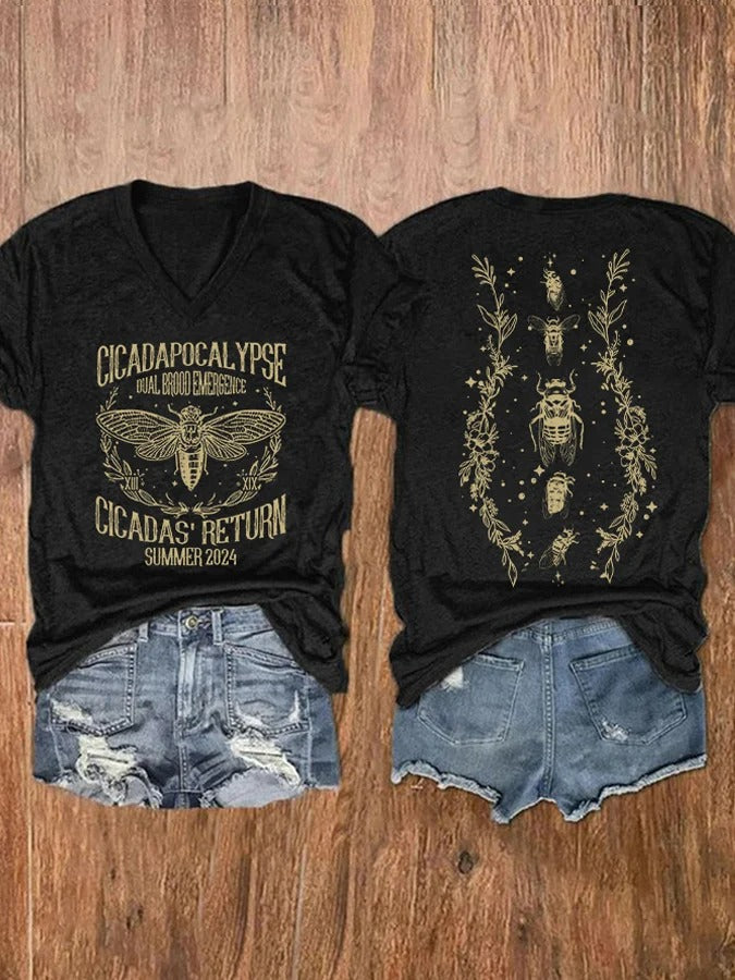 Women's Cicadapocalypse Dual Brood Emergence Print V Neck T-shirt