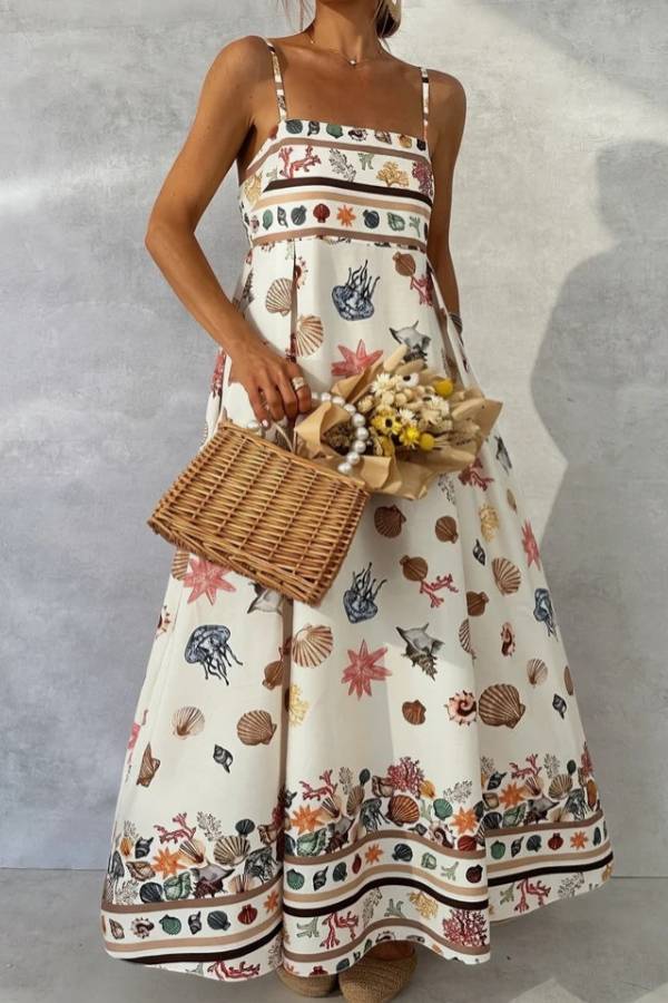 Ocean Shell Print Square Neck Smocked Back Swing Maxi Vacation Dress