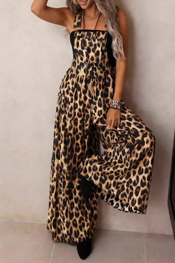 Colorful Leopard Print Adjustable Strap High Waist Wide Leg Jumpsuit