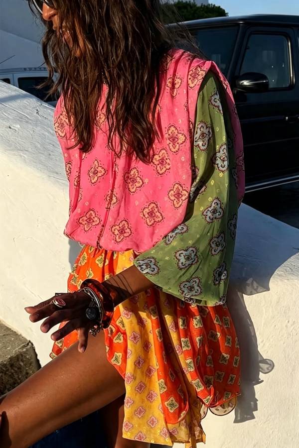 Nasha Colorful Tile Print Patchwork Balloon Sleeve Tie-up Elastic Waist Mini Dress