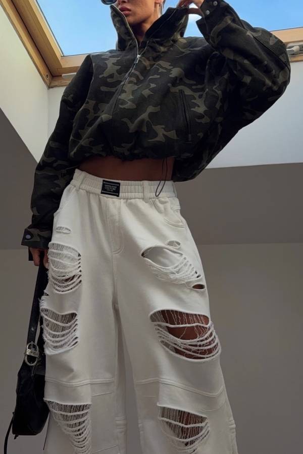 Streetwear Multi-Ripped Wide Leg Sweatpants
