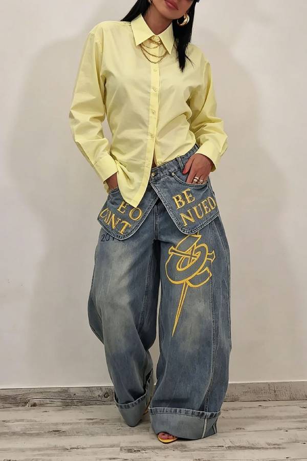 Trendy Letter‑Embroidered Fake Waistband Wide‑Leg Jeans